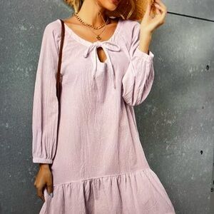 Vrkufie Woman Pink Tie- Neck Drop- Waist Dress, Size M